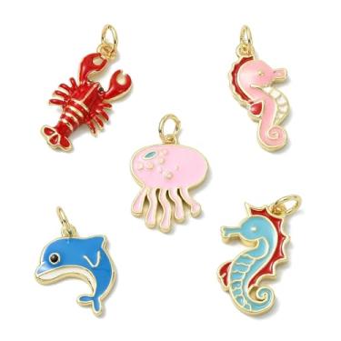 Imagem de UR URLIFEHALL 5 peças, 5 estilos, pingentes esmaltados de latão com tema oceano, banhado a ouro 18K, golfinho, cavalo-marinho, pingentes de água-viva para fabricação de joias a granel