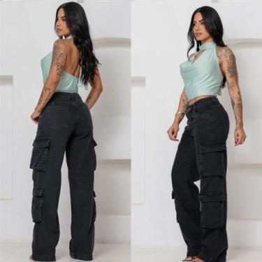 Imagem de Calça Cargo Feminina Jeans Black Estonada Estilosa com Bolsos Fole - N