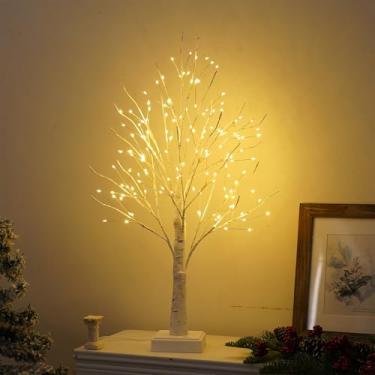 Imagem de Árvores iluminadas para decoração de interiores, 61 m, bétula branca com 144 luzes LED, lâmpada iluminada por USB/temporizador alimentado por bateria, árvores artificiais para mesa, decoração de Natal