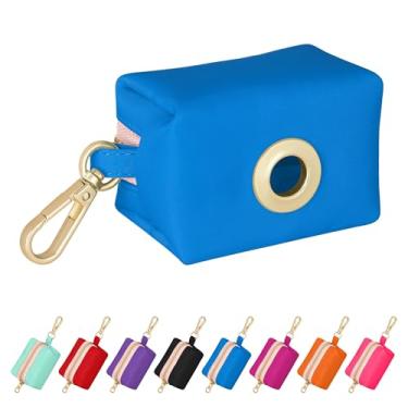 Imagem de Didog Suporte de saco de cocô de cachorro de nylon colorido com ilhós de metal e clipe mosquetão, zíper liso, inclui 1 rolo de 15 sacos, azul