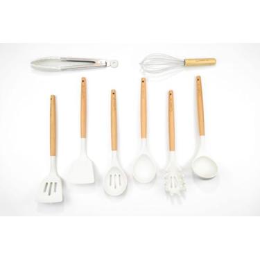 Imagem de Simply GF Conjunto de utensílios de cozinha de madeira e silicone de 9 peças com suporte – cabeças de silicone brancas, alças de bambu gravadas, ferramentas de cozinha sem glúten claramente