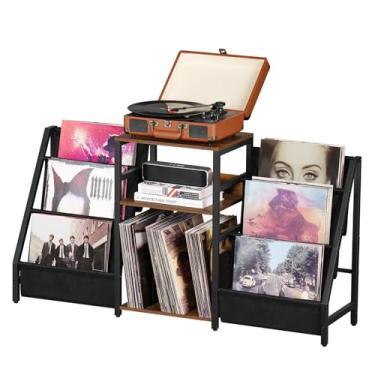 Imagem de Mesa de canto de 3 níveis, suporte para toca-discos com armazenamento de até 100 álbuns, suporte para toca-discos de vinil, prateleira marrom para sala de estar e quarto (marrom moderno)