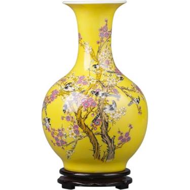Imagem de AKALNNB Vaso de flores estilo chinês, vaso de cerâmica, 35,5 cm, grande, decorativo, quarto, sala de estar, amarelo, azul e branco, arranjo de flores de porcelana, vasos decorativos