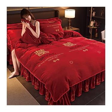 Imagem de Cama de veludo de leite engrossado quatro peças capa de colcha de inverno dupla face plus veludo coral flanela lençol saia de cama conjunto de cama capa de edredom completo (cor: T4-1, tamanho: King