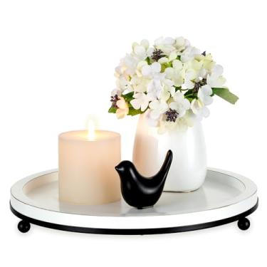 Imagem de Hanobe Bandeja decorativa para decoração de casa: bandejas redondas para sala de estar, mesa de centro, peça central de madeira branca de 30 cm com pé de metal para balcão de cozinha de entrada