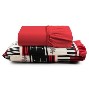 Imagem de Jogo Cama Lençol Fiore Solteiro Estampado 180 Fios 100% Algodão com Babadinho 2 Peças Vermelho Oriental Japonês