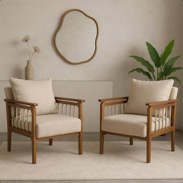 Imagem de Kit 2 Poltrona Sala Decorativa Ayla Estofada Boucle Bege Base Madeira 