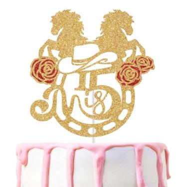 Imagem de Mis 15 Cake Topper, Horse Themed 15 Quince Anos Birthday Party Decorations, Western Mis Quince Anos Cake Decoration, Happy 15th Birthday Decor Gold & Red Glitter