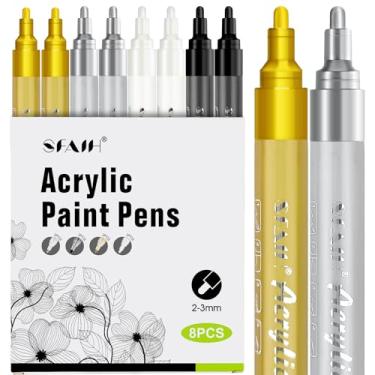 Imagem de SFAIH Marcadores de tinta acrílica - Pacote com 8 2-3 mm ponta média - 2p preto 2p branco 2p ouro 2p prata
