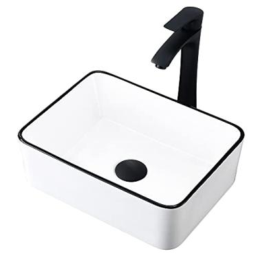 Imagem de Combo de pia de banheiro e torneira VASOYO 40,64 cm x 30,48 cm Corpo branco com acabamento preto acima do balcão pia de cerâmica de porcelana retangular com torneira preta fosca e combo de ralo pop-up