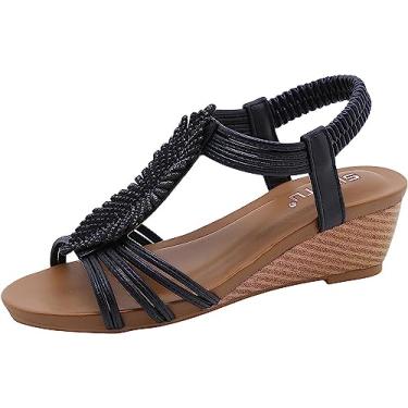 Imagem de Sandálias femininas de anabela com tira cruzada romana respirável casual boêmia sandálias rasteiras, Preto, 36 BR