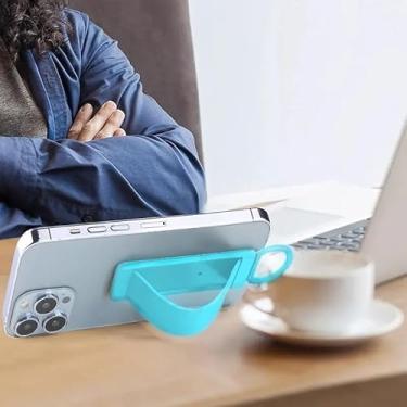 Imagem de Suporte para celular – Alça de dedo deslizante de plástico com suporte dobrável, acessório universal à prova d'água, suporte seguro e acessório de suporte de mesa (azul)