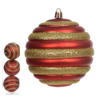 Imagem de Jogo 3 Bolas de Natal Decorada Vermelho e Dourado 10cm - DECORE