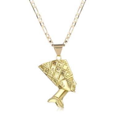 Imagem de Colar Nefertiti da Rainha Egípcia para Mulheres e Homens Banhado a Ouro 14K Pingente Nefertiti com Colar de Corrente Fígaro de 3 mm, chain length: 18", Metal, Sem Pedra Preciosa