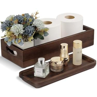 Imagem de Conjunto de cesta de vaso sanitário feito à mão e bandeja de madeira de acácia natural da DEMIGO, criado por artesãos habilidosos, suave, durável, decoração atraente para banheiro, cozinha, casa, spa