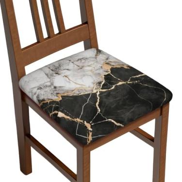 Imagem de Yakelo Capas de assento para sala de jantar, preto, branco, dourado, mármore, capas para cadeiras de cozinha, removíveis, laváveis e elásticas, 6 peças