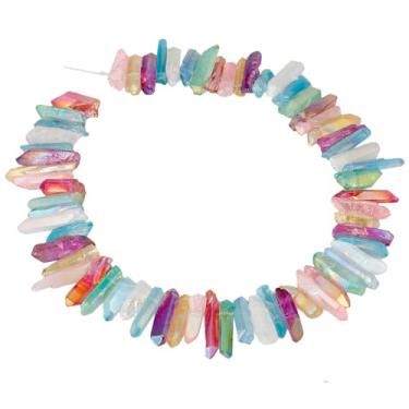 Imagem de rockcloud Pontos de cristal de rocha com revestimento de titânio, varas de quartzo transparente, pontas perfuradas na parte superior, fio solto de 38 cm, colorido