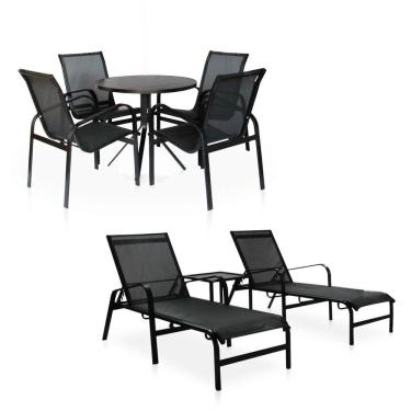 Imagem de Conjunto 1 Mesa + 4 Cadeiras + 2 Espreguiçadeiras + 1 Mesinha De Centro De Alumínio - Preto