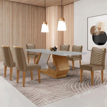 Imagem de Mesa De Jantar Alvorada 180cm Com 6 Cadeiras Liz Moderna Veludo Capuccino Off White Imbuia