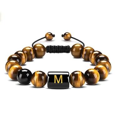 Imagem de Guz Pulseira com iniciais A-Z 10 mm Natural Preto Ônix Olho de Tigre Pulseira de Corda Trançada para Homens Pulseira de Letra, Ágata
