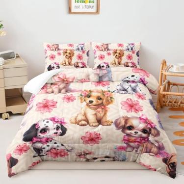 Imagem de AILONEN Conjunto de edredom fofo com estampa de cachorro, tamanho casal, para meninas, com estampa de cachorrinho kawaii e 2 fronhas - Conjunto de cama floral rosa macio, respirável, 3 peças