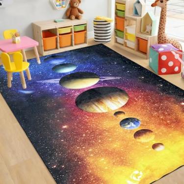 Imagem de USTIDE Tapetes de área de galáxia, universo, sistema solar, planeta, tapete grande para crianças, quarto, sala de estar, tapete educativo, universo, 3D, antiderrapante, para sala de jogos, 1,2 x 1,8 m