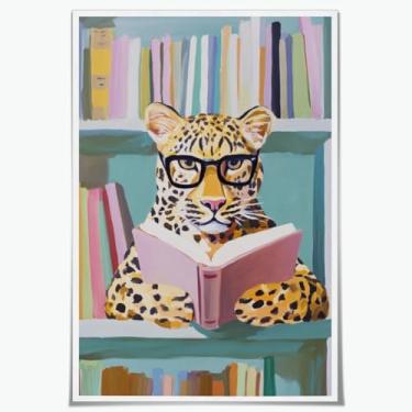 Imagem de Cheetah with Glasses Reading Book Wall Art Trendy Funny Maximalist Leopard Canvas Print Pictures Pastel Room Aesthetic Animal Poster Eclético Sala de Estar Decoração de Escritório em Casa 40 x 61 cm