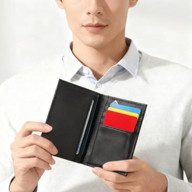 Imagem de Carteira masculina durável de couro bronzeado, carteira dupla clássica com compartimentos para cartão e compartimento para notas, presente elegante para homens, Preto A, Atemporal