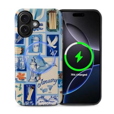 Imagem de Zhhoya Capa para iPhone 16, Azul Coquete Vintage Matchbox Colagem Padrão Impressão Brilhante Compatível com Magsafe Capa de Telefone Híbrida 2 Camadas Proteção Rígida para Meninas Mulheres Meninos