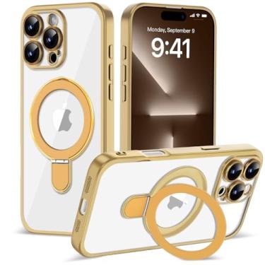Imagem de Amzfield Capa magnética para iPhone 16 Pro Max com suporte [compatível com MagSafe] [proteção total da câmera] linda capa de telefone transparente fina para iPhone 16 Pro Max mulheres meninas, ouro