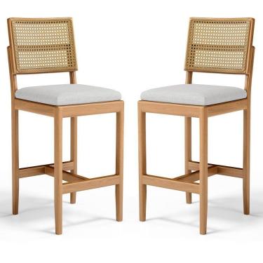 Imagem de Kit Com 2 Banqueta Milena Madeira Maciça Assento Estofado Encosto De Tela Palha Sextavada Linho Cinza 407