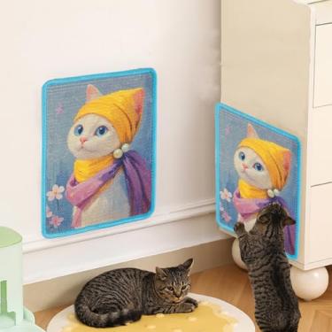Imagem de Tapete de sisal para arranhar gatos – protetor de móveis antiarranhões para paredes, sofás, armários, portas e carpete, 38 x 39 cm, arranhador de gatos resistente a quedas com gancho e fecho de laço