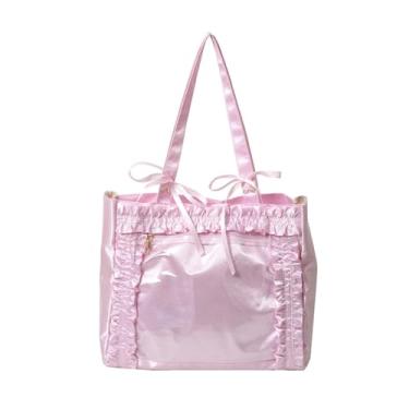 Imagem de Bolsa de ombro transparente Kawaii, grande capacidade, bolsa de ombro com babados, bolsa de ombro de cetim, rosa, 14 x 11 x 3.5 inches