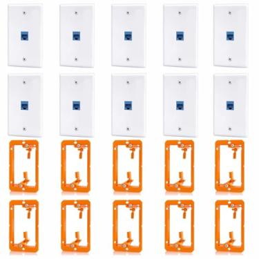 Imagem de ANONION Pacote com 10 tomadas de parede Ethernet, conector Keystone Cat6 RJ45 de 1 porta com suporte de montagem de baixa tensão, placa de parede Ethernet acoplador azul fêmea para fêmea capa de cabo