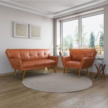 Imagem de Sofá Namoradeira E Poltrona Pé De Madeira Anitta Sintético Pu Nozes D03 - D'rossi