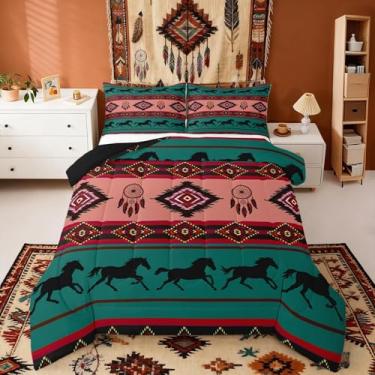 Imagem de Castle Fairy Conjunto de edredom boho tribal tamanho casal, sudoeste, nativo asteca, americano, reversível, coleção de quarto, sudoeste, nativo, étnico, verde, vermelho, macio para meninas e