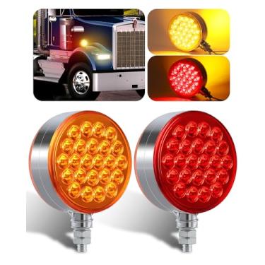 Imagem de ASNOO 2 peças 10 cm âmbar/vermelho redondo dupla face 48 luzes de seta de LED à prova d'água para caminhão pesado Trailer Freightliner Peterbilt Kenworth Mack Western Star
