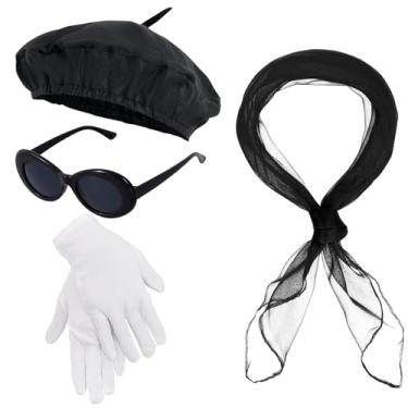 Imagem de Conjunto de 4 chapéus de boina francesa, incluindo boina, cachecol, luvas, óculos de sol para mulheres, Preto, Standard