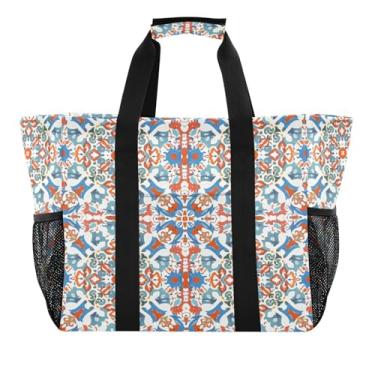 Imagem de Kigai Sacolas de mercearia reutilizáveis, estampa de azulejo mexicano, grande, sacola de compras, resistente à água, bolsa de piscina dobrável para roupas, sapatos e piqueniques