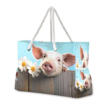 Imagem de Wassud Bolsa de praia feminina grande com estampa de porco na prancha, impermeável, à prova de areia, bolsa de viagem com zíper e bolso para piscina, academia, acampamento