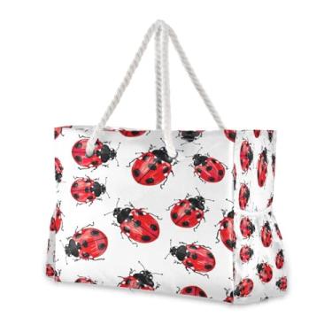 Imagem de Wassud Bolsa de praia vermelha joaninhas grandes bolsas de praia para mulheres, à prova d'água, à prova de areia, bolsa de viagem com zíper e bolso para piscina, academia, acampamento