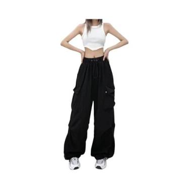 Imagem de Calças de Moletom Oversize Femininas Y2K - Cintura Baixa, Cordão e Per