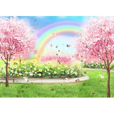 Imagem de DePhoto Pano de fundo de primavera, 1,8 x 1,8 m, flores de cerejeira, arco-íris, borboletas, grama, verde, fotografia, chá de bebê, casamento, menina, princesa, decoração de festa de aniversário