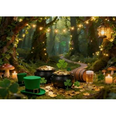 Imagem de DePhoto 1,8 x 1,8 m Fundo de São Patrício Encantado Floresta Verde Trevo Ouro Chapéu de Fundo para Festa de São Patrício Decorações de Chá de Bebê Adereços de Foto Vinil