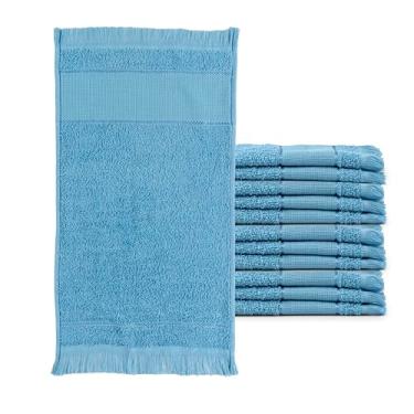 Imagem de Toalha de Lavabo Social com Franja 100% Algodão, 23x39cm, 260g/m², Kit com 12 Peças, Felpuda e Hipoalergênica (Azul Pacífico)