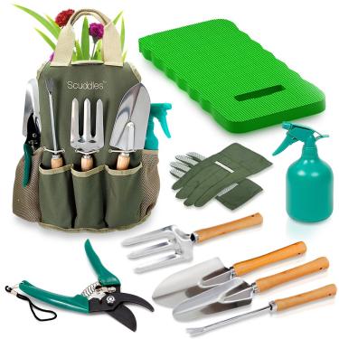 Imagem de Scuddles Kit de jardinagem premium para mulheres – 10 ferramentas de aço inoxidável com alças ergonômicas, sacola, almofada de ajoelho, tesouras, luvas, ancinho, espátula e pá – conjunto de jardim
