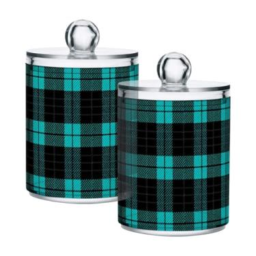 Imagem de Qilmy Pacote com 2 suportes xadrez preto azul-petróleo, frascos de boticário de 400 ml, vasilha organizadora de banheiro para cotonetes, bolas de algodão, almofadas de maquiagem, fio dental, sais de