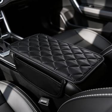 Imagem de Capa de apoio de braço de carro, protetor de console central de couro acolchoado antiderrapante com bolsos laterais de armazenamento (16 cm x 30 cm) – Acessório interior de carro universal para