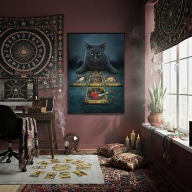 Imagem de Quadro Decorativo Gato Preto Com Tarot - 70X50Cm - Quadros On-Line