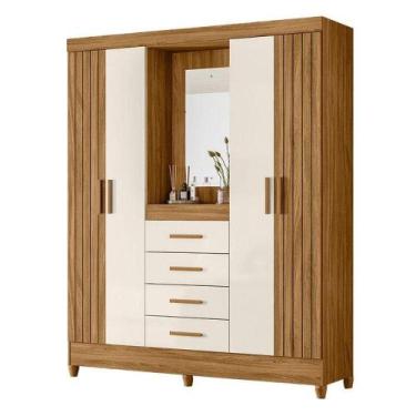 Imagem de Guarda Roupa Solteiro Atenas Com Espelho 4 Portas Freijó Off White - M